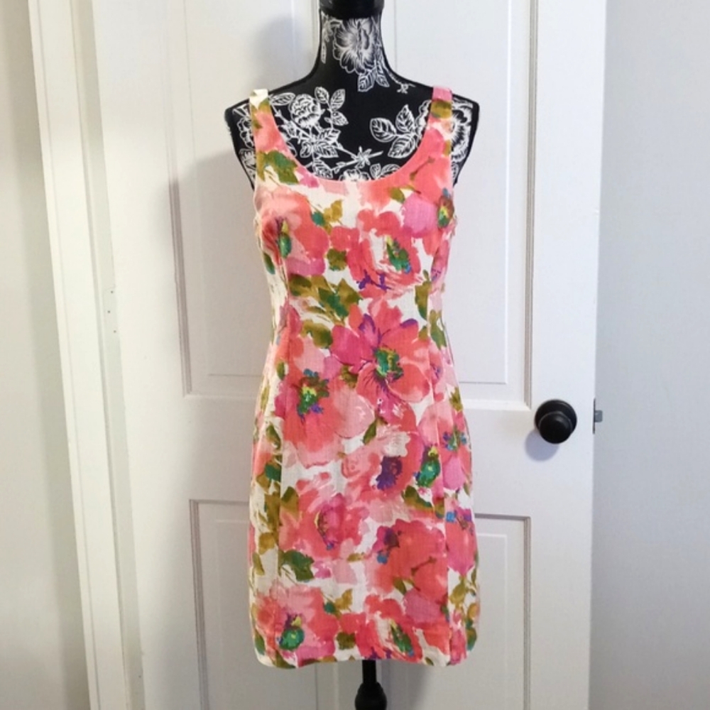 Anthropologie Coral Pink Floral Linen Tank Dress
